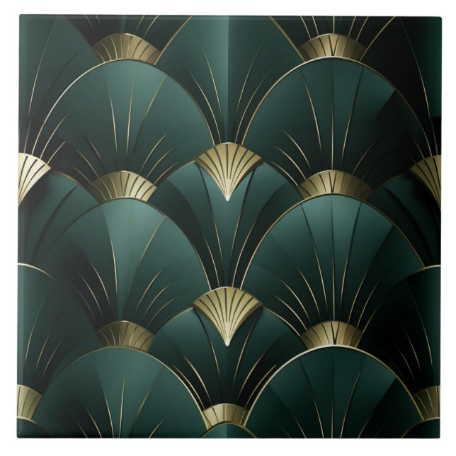 Green and Gold Art Deco Fan Pattern Tile (Front)