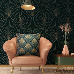 Green and Gold Art Deco Fan Throw Pillow