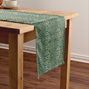 green and gold art deco pattern tiled long table runner