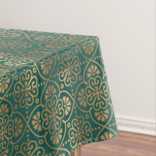 green and gold art deco pattern tiled tablecloth