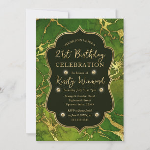 Green and Gold Autumn Fall Marble 21st Birthday Invitation