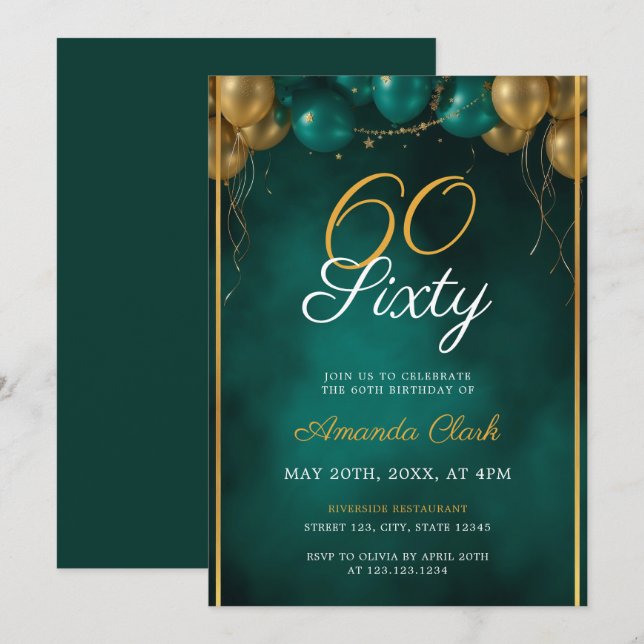 Green and Gold Balloons with Frame 60th Birthday Invitation (Front/Back)