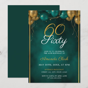 Green and Gold Balloons with Frame 60th Birthday Invitation