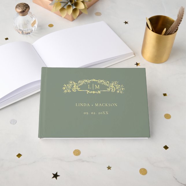 Green and Gold botanical crest monogram wedding Guest Book (Front Open)