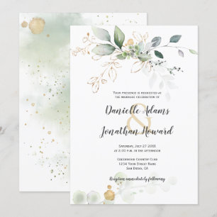 Green and Gold Botanicals Gold Sparkles Wedding Invitation