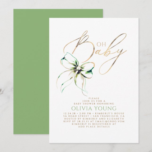 Green and Gold Bow Gender Neutral Baby Shower Invitation (Front/Back)