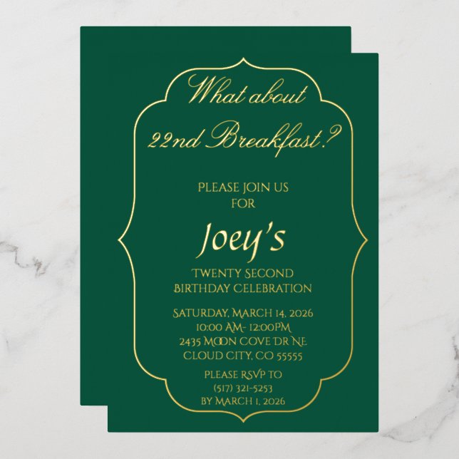 Green and Gold Breakfast Birthday Invitations (Front/Back)