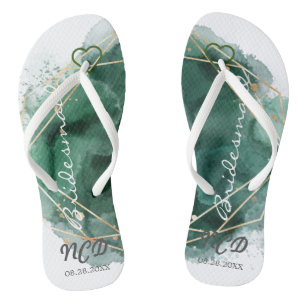 Green and Gold Bridesmaid Favour Monogram Flip Flops