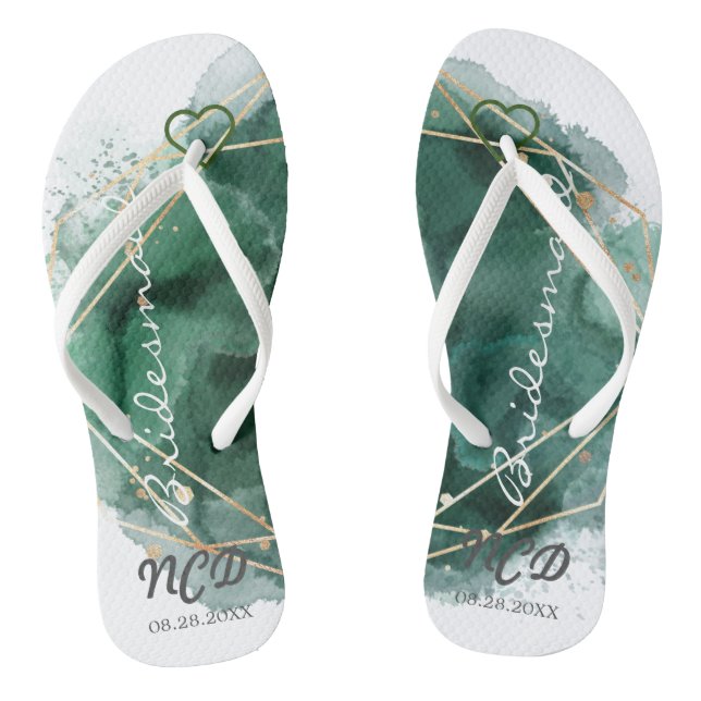 Green and Gold Bridesmaid Favour Monogram Flip Flops (Footbed)
