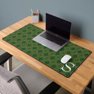 Green and Gold Brocade Monogrammed Desk Mat