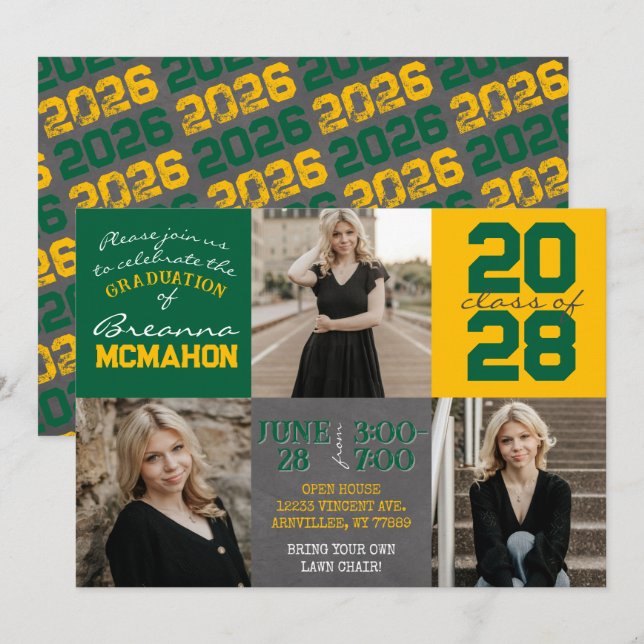 Green and Gold Chalkboard 3 Photo Graduation Invitation (Front/Back)