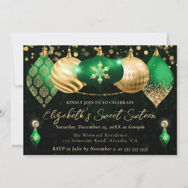 Green and Gold Christmas Baubles Sweet 16 Invitation (Front)