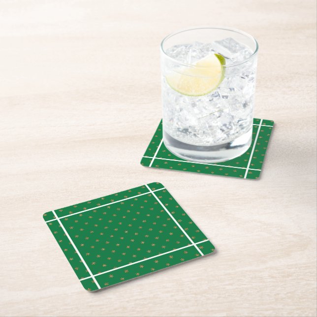 Green and Gold Christmas Party Square Paper Coaster (Insitu)