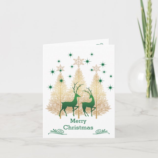 Green and gold Christmas tree, reindeer Card (Front)