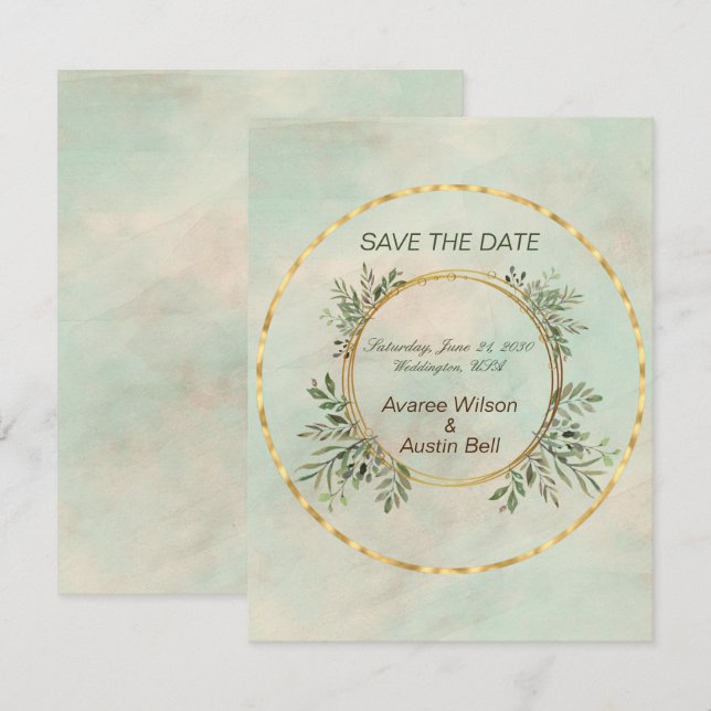 Green and Gold Circle Frame Wedding Save the Date (Front/Back)