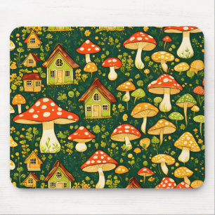 Green and gold cottage core flower and mushroom mouse pad