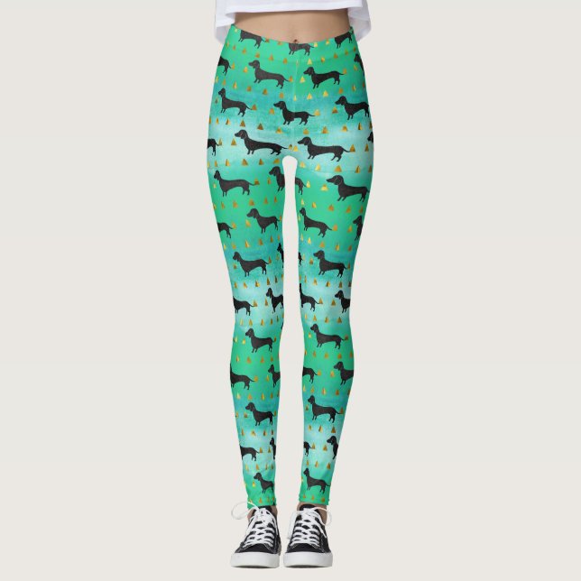 Green and Gold Dachshund Pattern Leggings (Front)