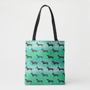 Green and Gold Dachshund Pattern Tote Bag