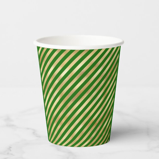 Green and Gold Diagonal Stripes Festive Paper Cups (Front)