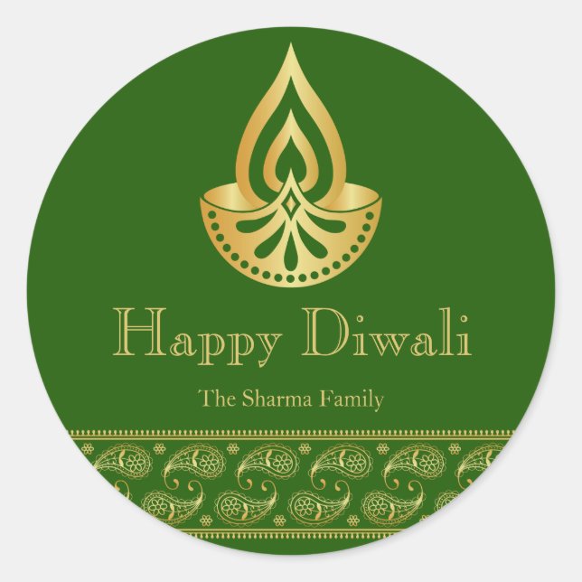 Green and Gold Diwali Party Favour Classic Round Sticker (Front)