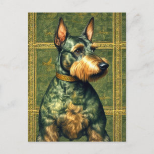 Green and Gold Dog Retro Style Art Postcard