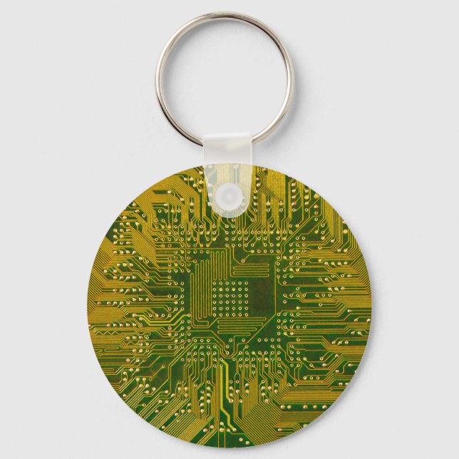 Green and Gold Electronic Computer Circuit Board Keychain (Front)