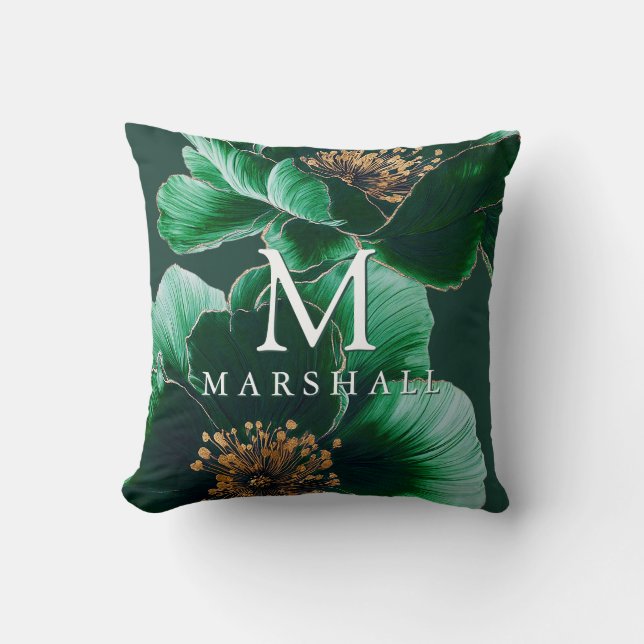 Green And Gold Elegant Floral Monogram Family Name Throw Pillow (Front)