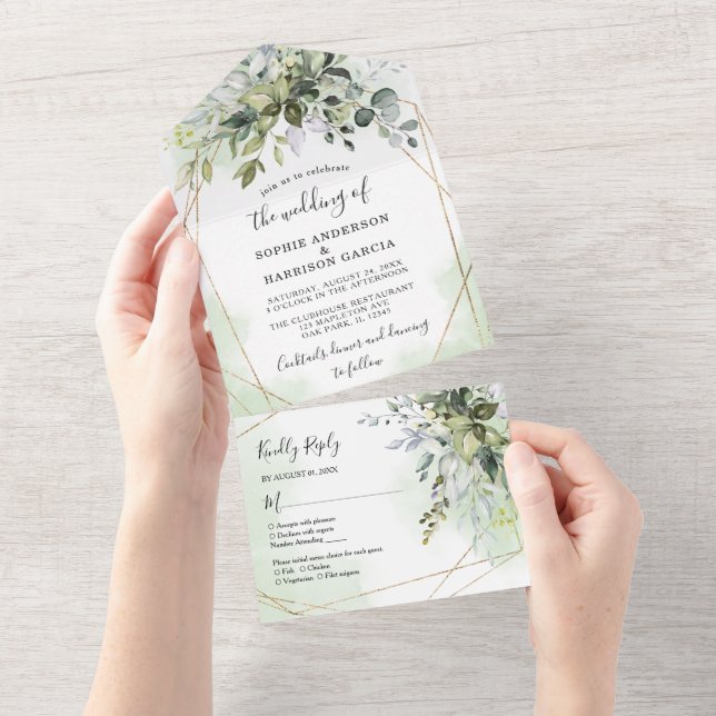 Green and Gold Eucalyptus Geometric Rustic Wedding All In One Invitation (Tearaway)
