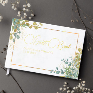 Green and gold eucalyptus watercolor wedding guest book