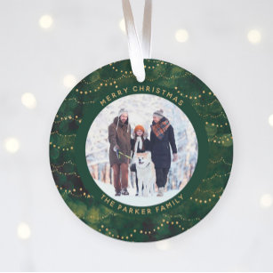 Green and Gold Fairy Lights   Two Family Photos Ornament