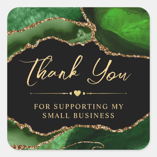 Green and Gold Faux Glitter Agate Small Business Square Sticker (Front)