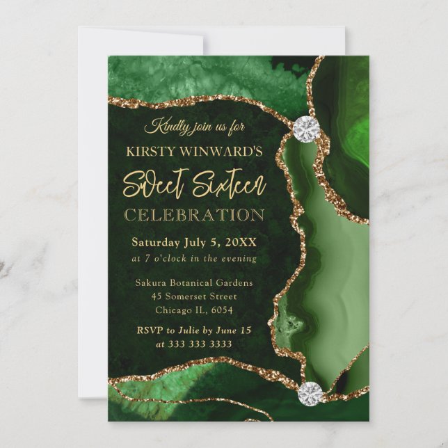 Green and Gold Faux Glitter Agate Sweet 16 Invitation (Front)