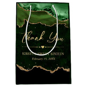 Green and Gold Faux Glitter Agate Sweet 16 Medium Gift Bag
