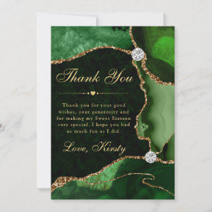 Green and Gold Faux Glitter Agate Sweet Sixteen Thank You Card