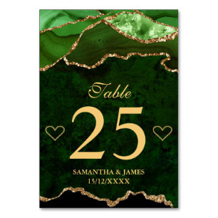 Green and Gold Faux Glitter Agate Wedding Table Number