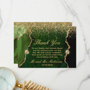 Green and Gold Faux Glitter Agate Wedding Thank You Card