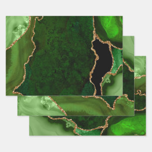 Green and Gold Faux Glitter Agate Wrapping Paper Sheet