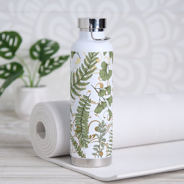 Green and Gold Fern Pattern Water Bottle (Yoga)