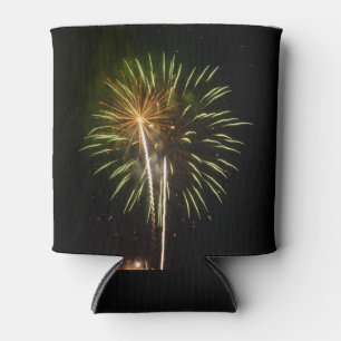 Green and Gold Fireworks Holiday Celebration Can Cooler