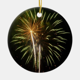 Green and Gold Fireworks Holiday Celebration Ceramic Ornament