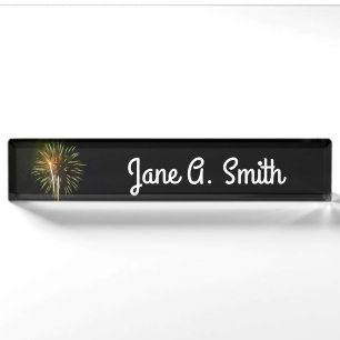 Green and Gold Fireworks Holiday Celebration Nameplate