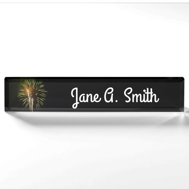 Green and Gold Fireworks Holiday Celebration Nameplate (Front)