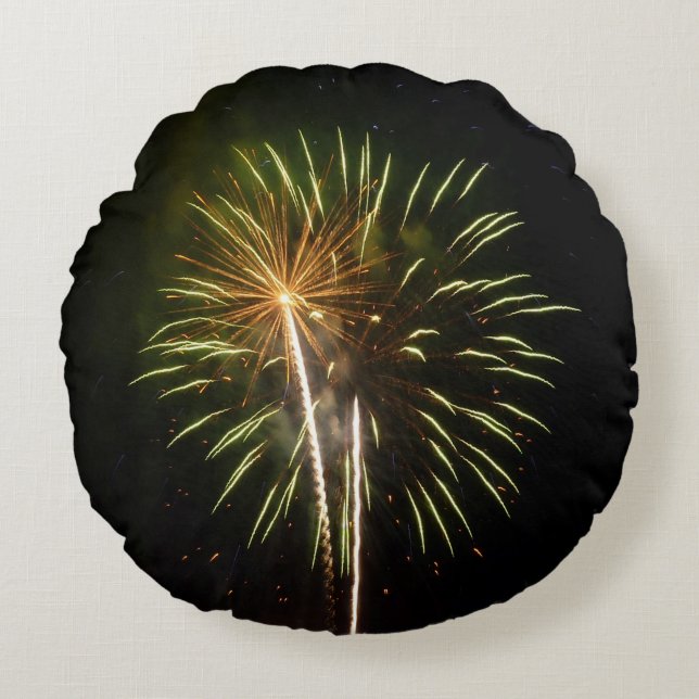 Green and Gold Fireworks Holiday Celebration Round Pillow (Front)