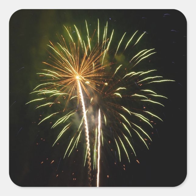 Green and Gold Fireworks Holiday Celebration Square Sticker (Front)