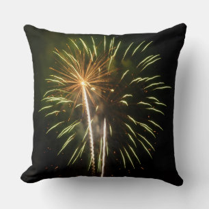 Green and Gold Fireworks Holiday Celebration Throw Pillow