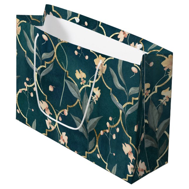 Green and Gold Floral Large Gift Bag (Front Angled)