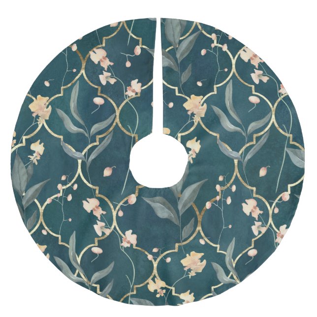 Green and Gold Floral Pattern Brushed Polyester Tree Skirt (Front)