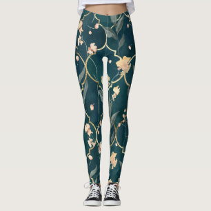 Green and Gold Floral Pattern Leggings