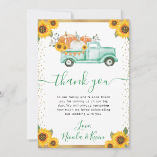 Green and Gold Floral Pumpkin Truck Fall Wedding Thank You Card