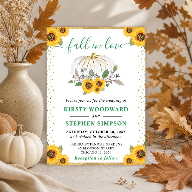 Green and Gold Floral Pumpkins Fall Wedding Invitation (Creator Uploaded)
